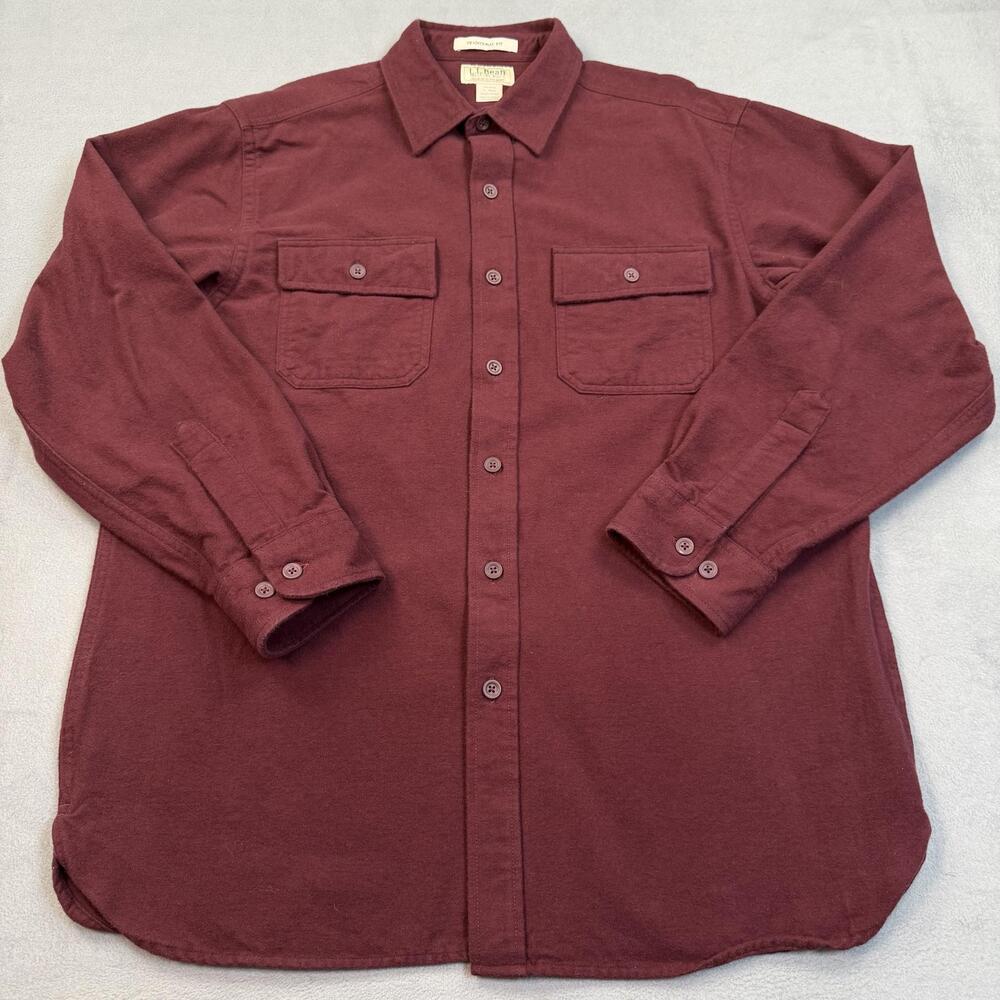 L.L.Bean Shirt Mens Large Red Solid Chamois Cloth Flannel Long Sleeve Casual